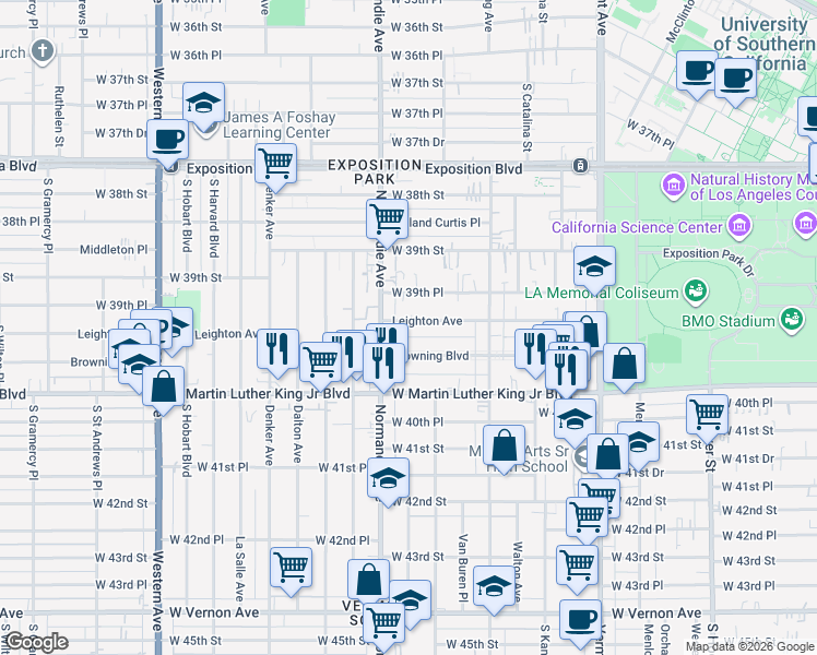 map of restaurants, bars, coffee shops, grocery stores, and more near 1253 1/2 Browning Boulevard in Los Angeles
