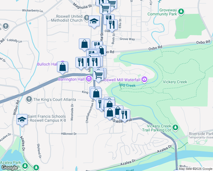 map of restaurants, bars, coffee shops, grocery stores, and more near 322 Creek View Lane in Roswell
