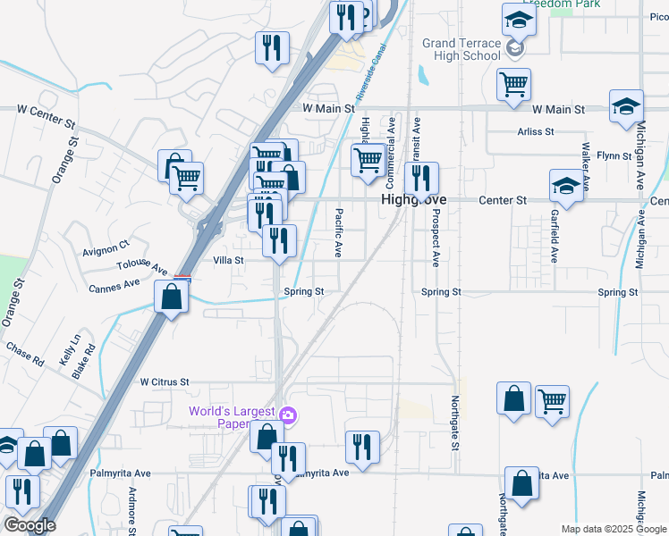 map of restaurants, bars, coffee shops, grocery stores, and more near 1160 Villa Street in Riverside