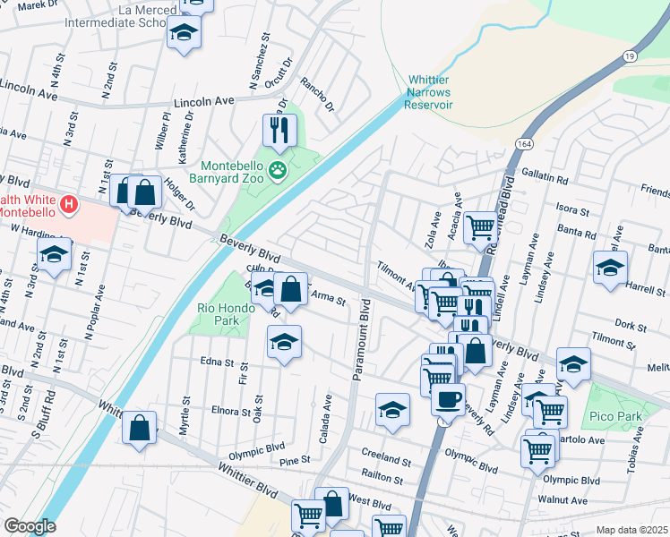 map of restaurants, bars, coffee shops, grocery stores, and more near 8615 Beverly Boulevard in Pico Rivera
