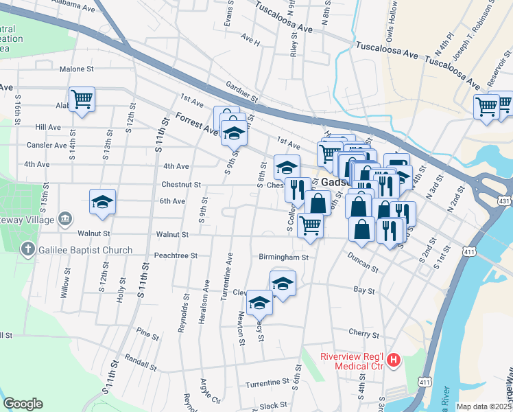 map of restaurants, bars, coffee shops, grocery stores, and more near 728 Berea Avenue in Gadsden