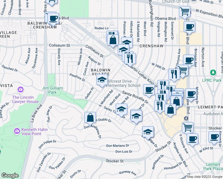 map of restaurants, bars, coffee shops, grocery stores, and more near 4009 South Muirfield Road in Los Angeles