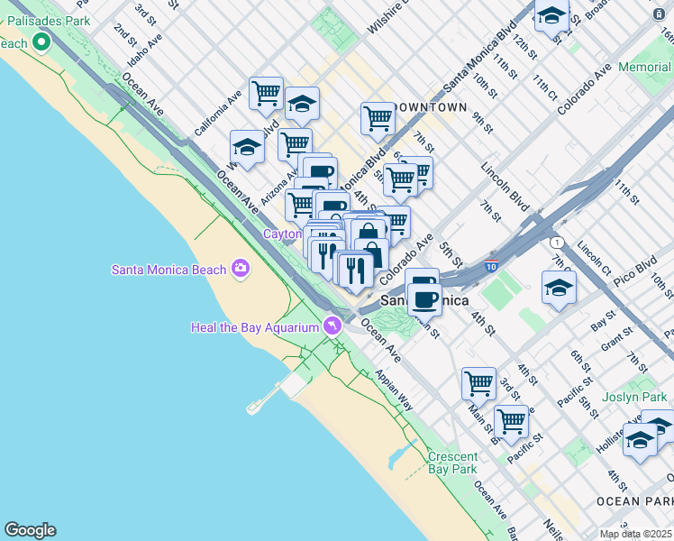 map of restaurants, bars, coffee shops, grocery stores, and more near in Santa Monica