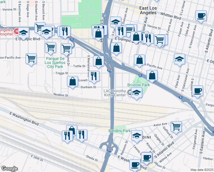 map of restaurants, bars, coffee shops, grocery stores, and more near 1459 South Sydney Drive in Commerce