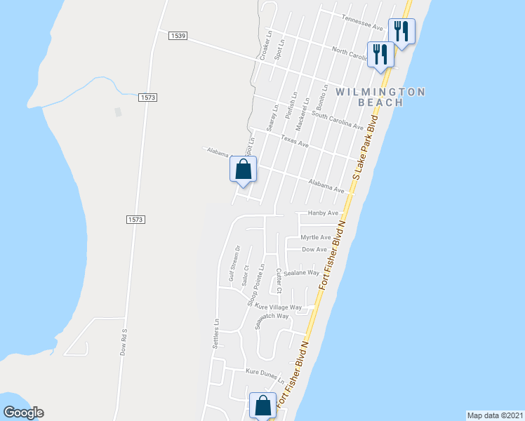map of restaurants, bars, coffee shops, grocery stores, and more near 832 Settlers Lane in Kure Beach