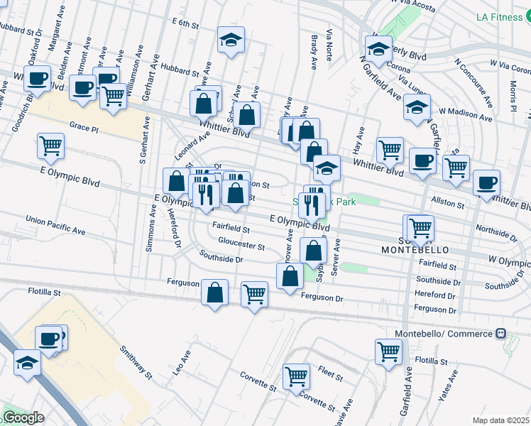 map of restaurants, bars, coffee shops, grocery stores, and more near 6128 East Olympic Boulevard in East Los Angeles