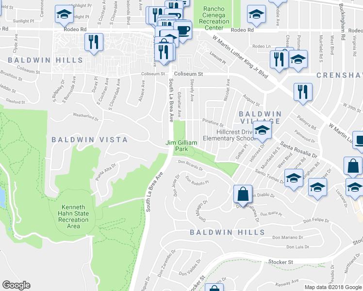 map of restaurants, bars, coffee shops, grocery stores, and more near 4000 South La Brea Avenue in Los Angeles