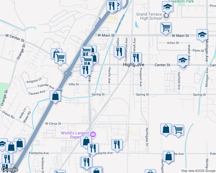 map of restaurants, bars, coffee shops, grocery stores, and more near 1183 Spring Street in Riverside