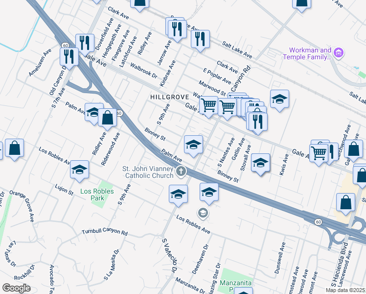 map of restaurants, bars, coffee shops, grocery stores, and more near 1234 Valencia Avenue in Hacienda Heights