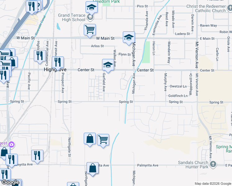 map of restaurants, bars, coffee shops, grocery stores, and more near Lone Street in Riverside