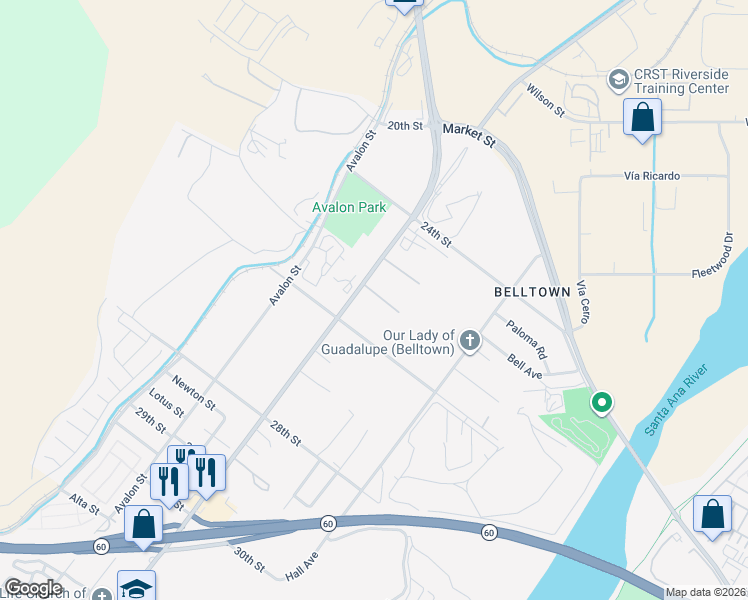 map of restaurants, bars, coffee shops, grocery stores, and more near 2550 Rubidoux Boulevard in Riverside
