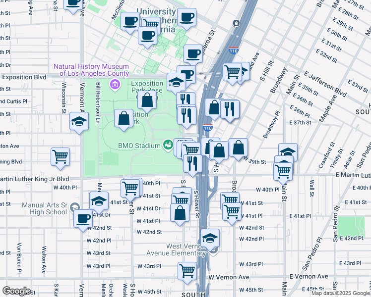 map of restaurants, bars, coffee shops, grocery stores, and more near 3911 South Figueroa Street in Los Angeles