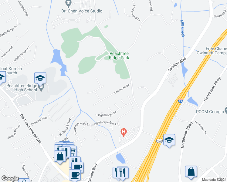 map of restaurants, bars, coffee shops, grocery stores, and more near 1265 Taramore Drive in Suwanee