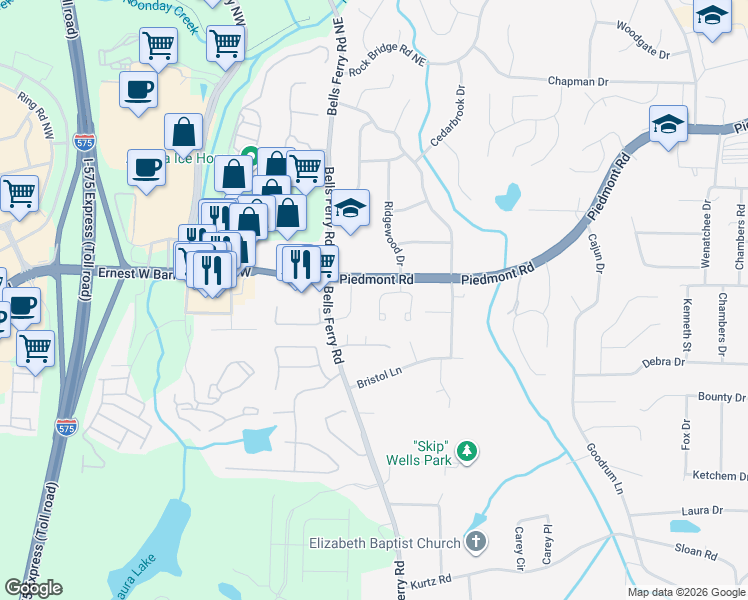 map of restaurants, bars, coffee shops, grocery stores, and more near 2456 Cape Sable Drive in Marietta