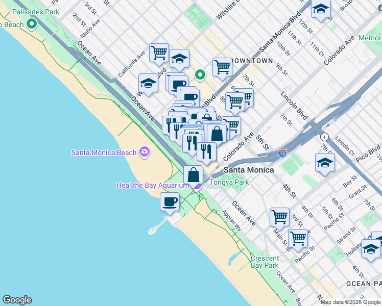 map of restaurants, bars, coffee shops, grocery stores, and more near 109 Broadway in Santa Monica