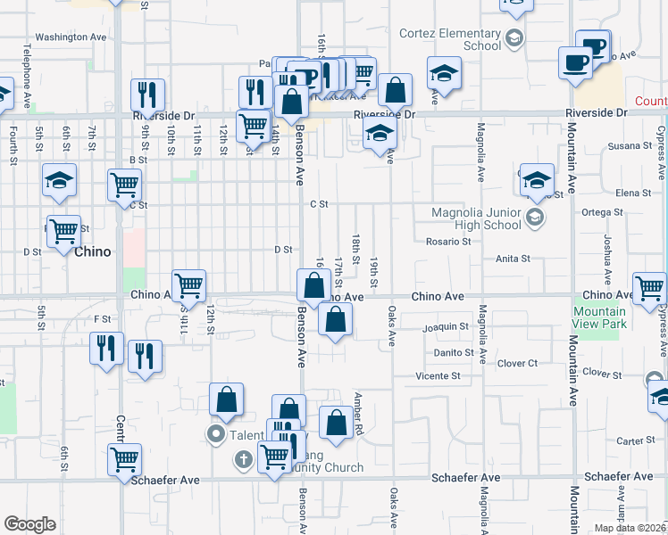 map of restaurants, bars, coffee shops, grocery stores, and more near 13234 17th Street in Chino