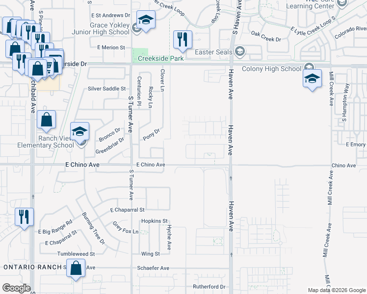 map of restaurants, bars, coffee shops, grocery stores, and more near 3322 S Primrose Dr in Ontario