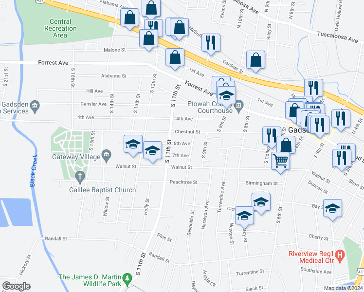 map of restaurants, bars, coffee shops, grocery stores, and more near 1010 6th Avenue in Gadsden