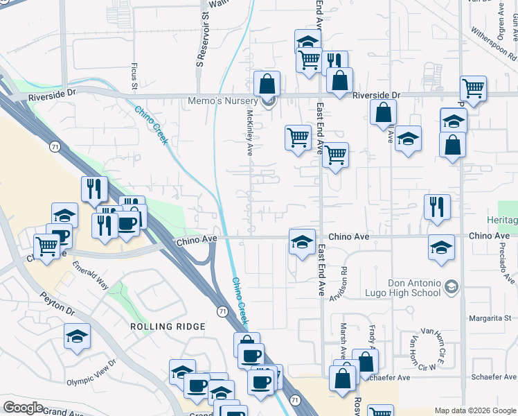 map of restaurants, bars, coffee shops, grocery stores, and more near 3516 Larkwood Drive in Chino