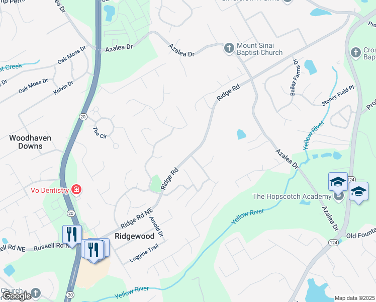 map of restaurants, bars, coffee shops, grocery stores, and more near 1002 Ridge Road in Lawrenceville