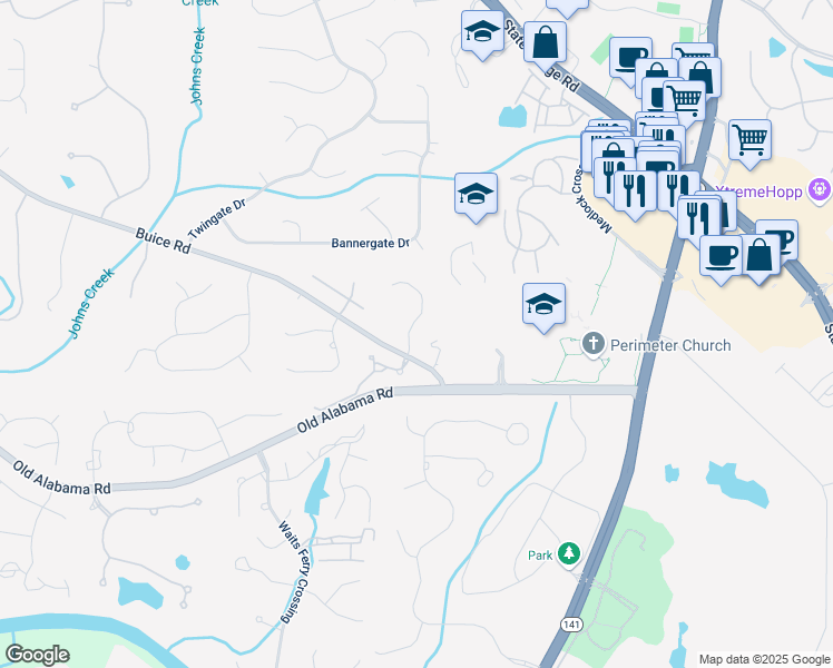 map of restaurants, bars, coffee shops, grocery stores, and more near 125 Forrest Lake Road in Alpharetta