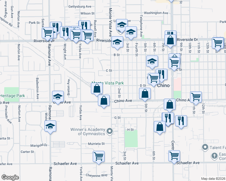 map of restaurants, bars, coffee shops, grocery stores, and more near 13223 Monte Vista Avenue in Chino
