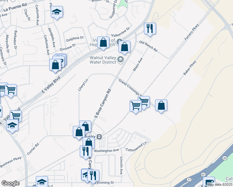 map of restaurants, bars, coffee shops, grocery stores, and more near in Walnut