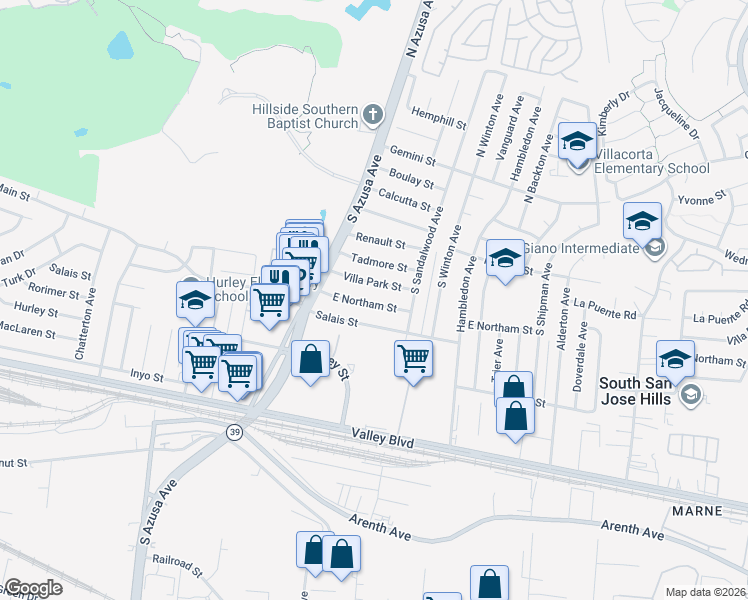 map of restaurants, bars, coffee shops, grocery stores, and more near 17509 East Northam Street in La Puente