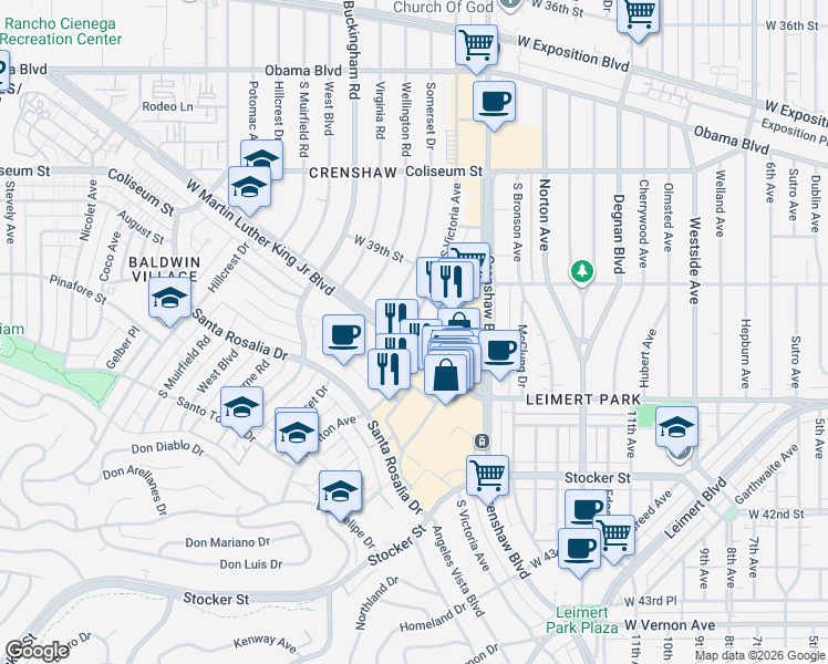 map of restaurants, bars, coffee shops, grocery stores, and more near 3966 South Victoria Avenue in Los Angeles