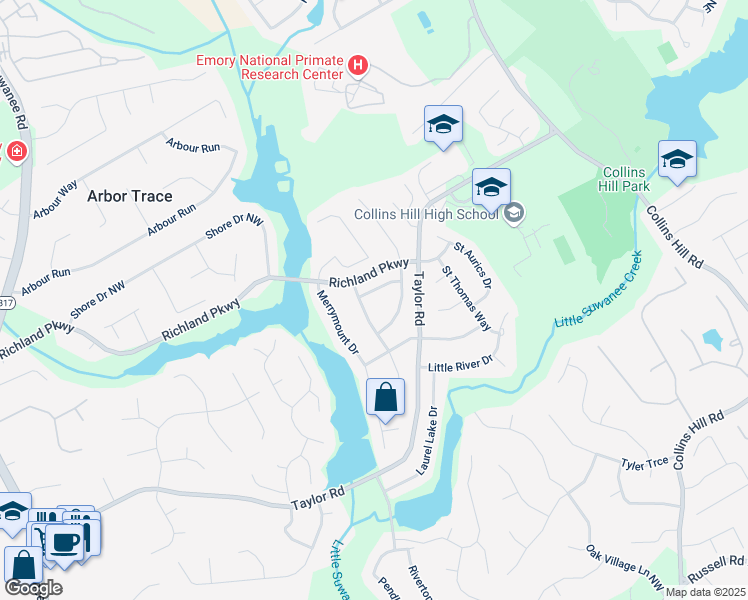 map of restaurants, bars, coffee shops, grocery stores, and more near 2220 Cape Courage Way in Suwanee