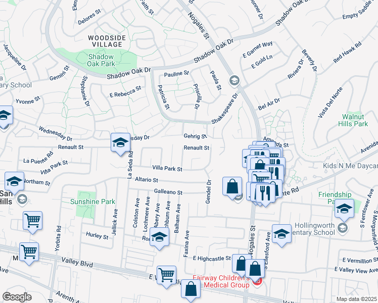 map of restaurants, bars, coffee shops, grocery stores, and more near 341 Faxina Avenue in La Puente