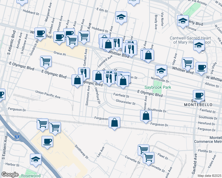 map of restaurants, bars, coffee shops, grocery stores, and more near 6016 East Olympic Boulevard in East Los Angeles