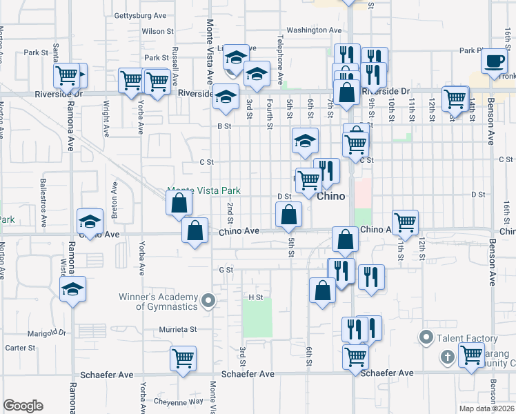 map of restaurants, bars, coffee shops, grocery stores, and more near 13223 3rd Street in Chino
