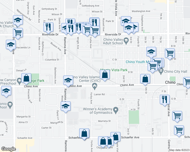 map of restaurants, bars, coffee shops, grocery stores, and more near 13265 Yorba Avenue in Chino