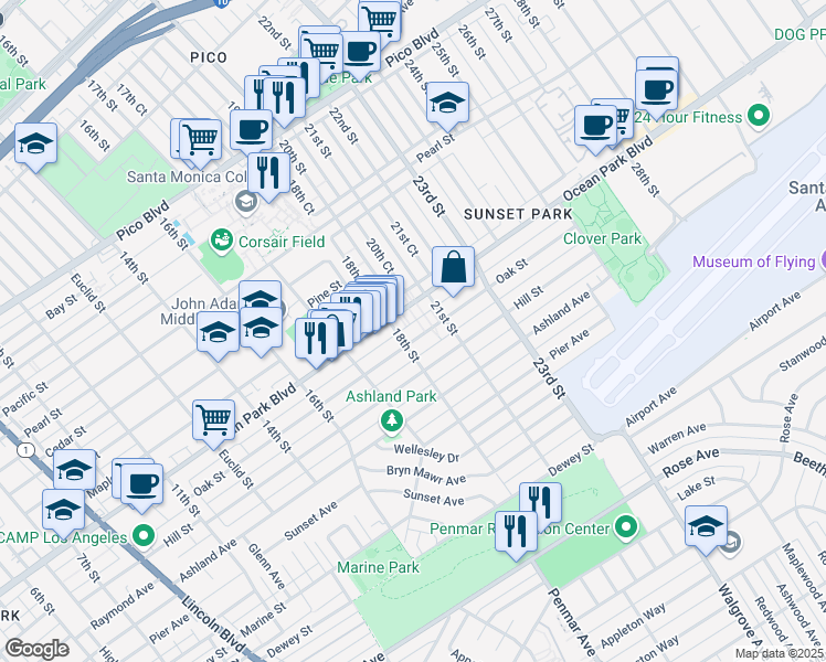 map of restaurants, bars, coffee shops, grocery stores, and more near 1810 Oak Street in Santa Monica