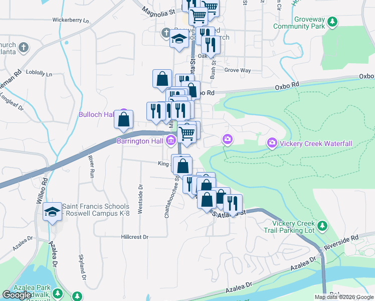 map of restaurants, bars, coffee shops, grocery stores, and more near 555 South Atlanta Street in Roswell