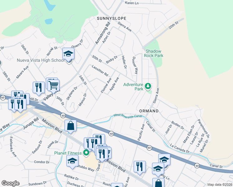 map of restaurants, bars, coffee shops, grocery stores, and more near 6401 33rd Street in Riverside