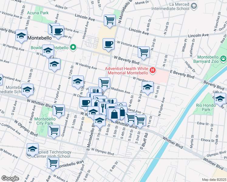 map of restaurants, bars, coffee shops, grocery stores, and more near 225 North 6th Street in Montebello