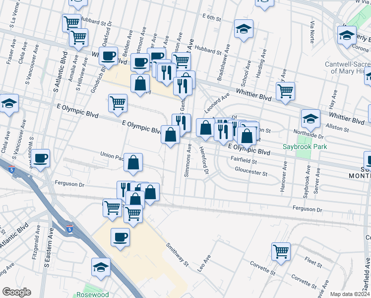 map of restaurants, bars, coffee shops, grocery stores, and more near 1300 South Gerhart Avenue in Commerce