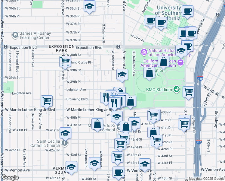 map of restaurants, bars, coffee shops, grocery stores, and more near 1041 Browning Boulevard in Los Angeles