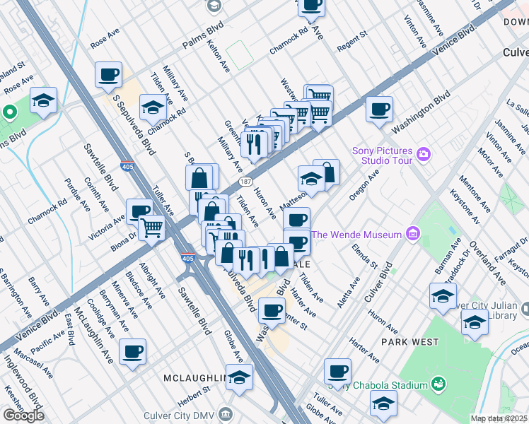 map of restaurants, bars, coffee shops, grocery stores, and more near 11046 Matteson Avenue in Culver City
