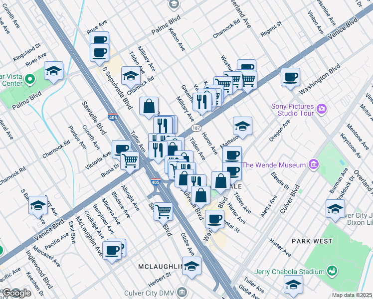 map of restaurants, bars, coffee shops, grocery stores, and more near 3856 Bentley Avenue in Culver City