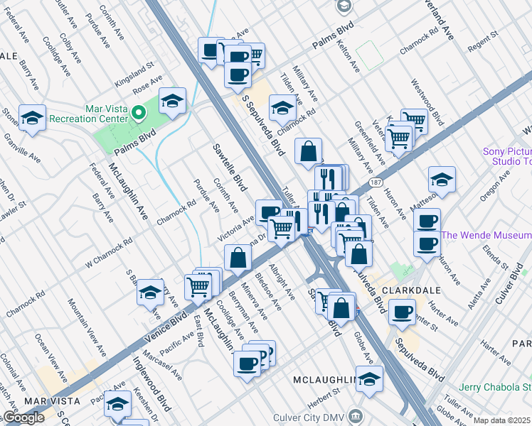 map of restaurants, bars, coffee shops, grocery stores, and more near in Los Angeles