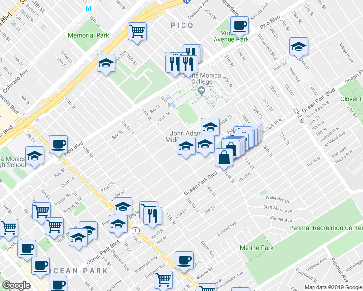 map of restaurants, bars, coffee shops, grocery stores, and more near 2401 14th Street in Santa Monica