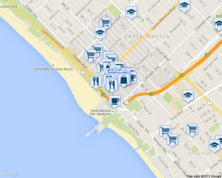 map of restaurants, bars, coffee shops, grocery stores, and more near 109 Broadway in Santa Monica