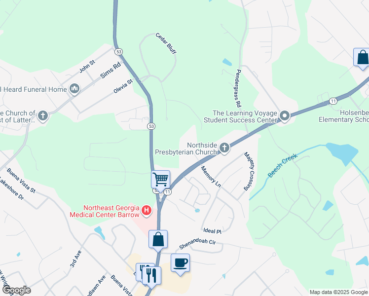 map of restaurants, bars, coffee shops, grocery stores, and more near 454 Jefferson Highway in Winder