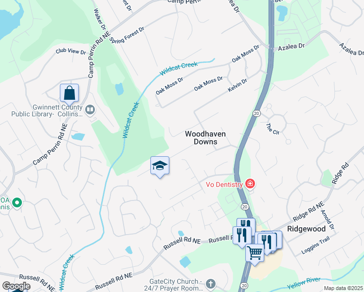 map of restaurants, bars, coffee shops, grocery stores, and more near 622 Saddlewood Drive in Lawrenceville