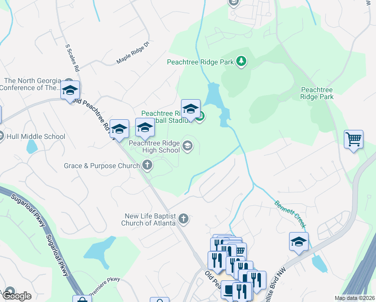 map of restaurants, bars, coffee shops, grocery stores, and more near 1555 Old Peachtree Rd NW in Suwanee