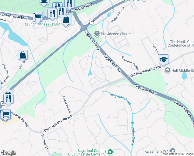 map of restaurants, bars, coffee shops, grocery stores, and more near 3536 Flycatchers Way in Duluth