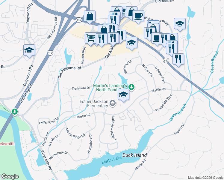 map of restaurants, bars, coffee shops, grocery stores, and more near 1400 Martin Road in Roswell
